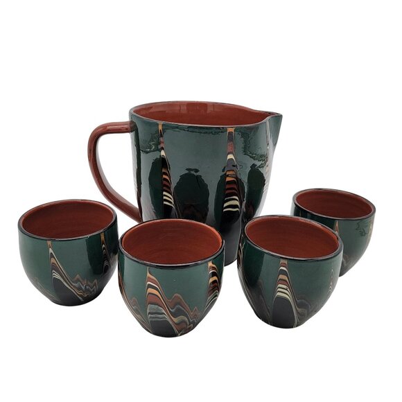Bulgarian Pottery Redware Pitcher and Cup Set - Picture 1 of 10